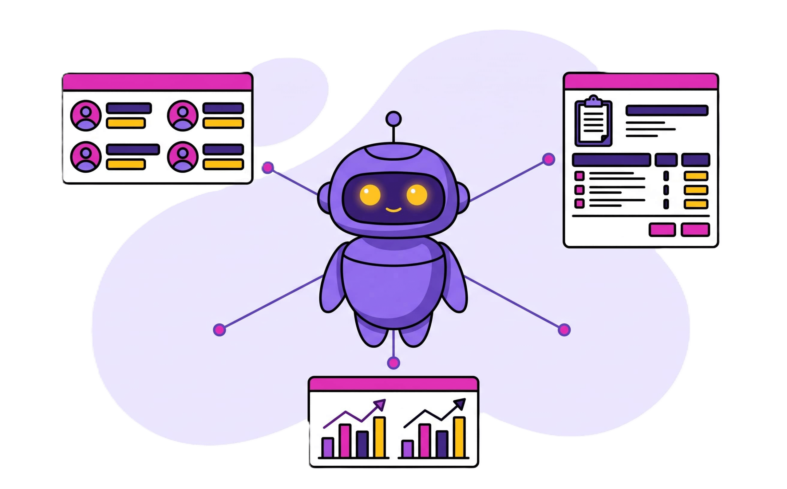 A friendly purple robot with glowing yellow eyes NO BG